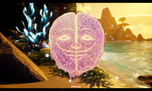 An abstract, artistic representation of a brain, with the two hemispheres clearly visible. Glowing lines form a serene, smiling face on the surface of the brain. A background of a beach.