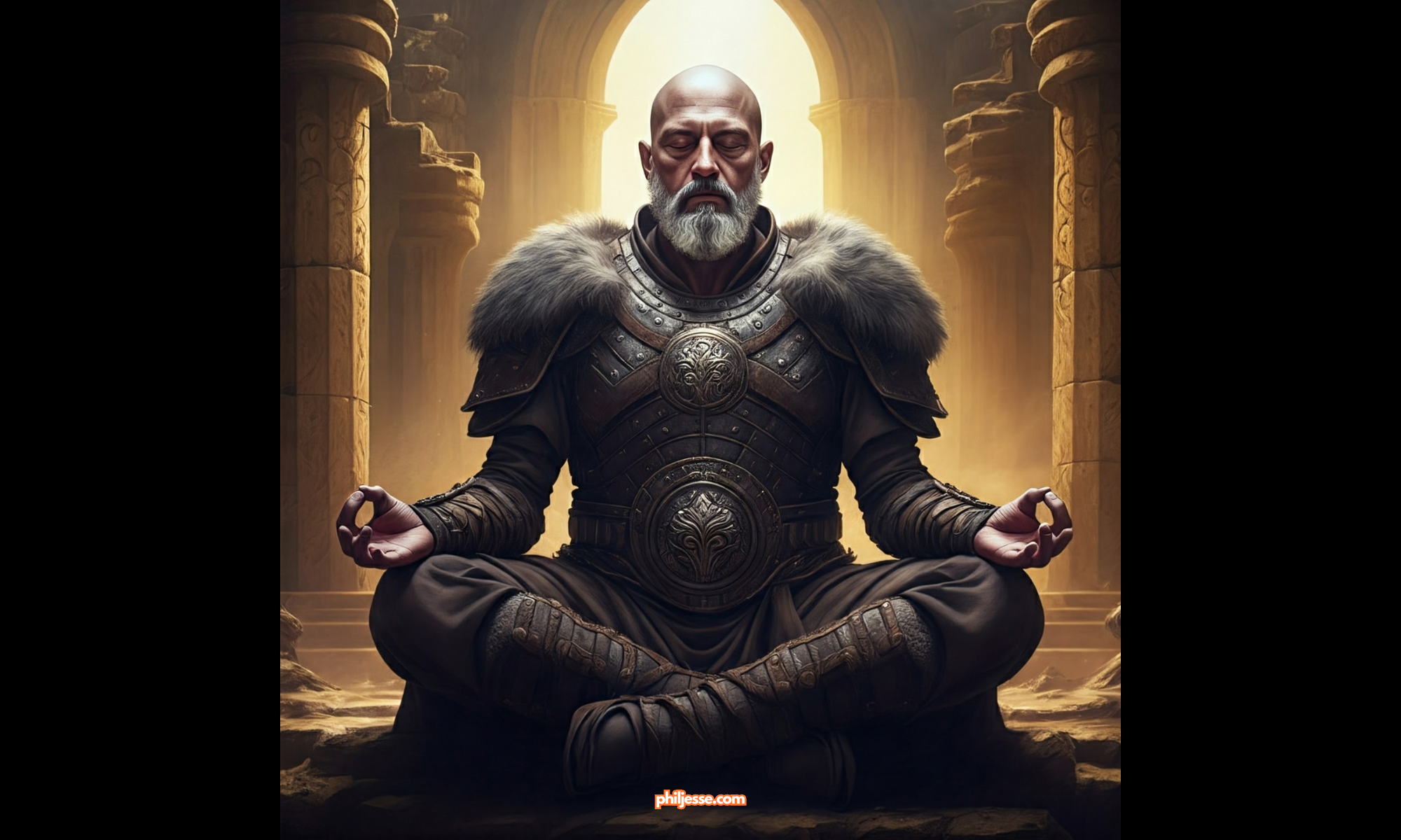 A warrior practices mindful breathing meditation in the lotus position, demonstrating the importance of mental fitness alongside physical strength in achieving extraordinary goals.