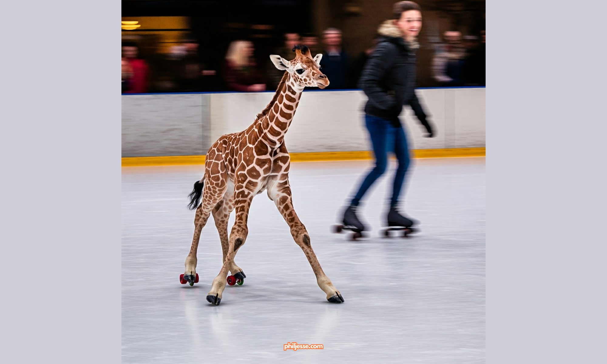 Baby giraffe learning to ice skate, roller skates, ice rink, funny animal image, cute giraffe