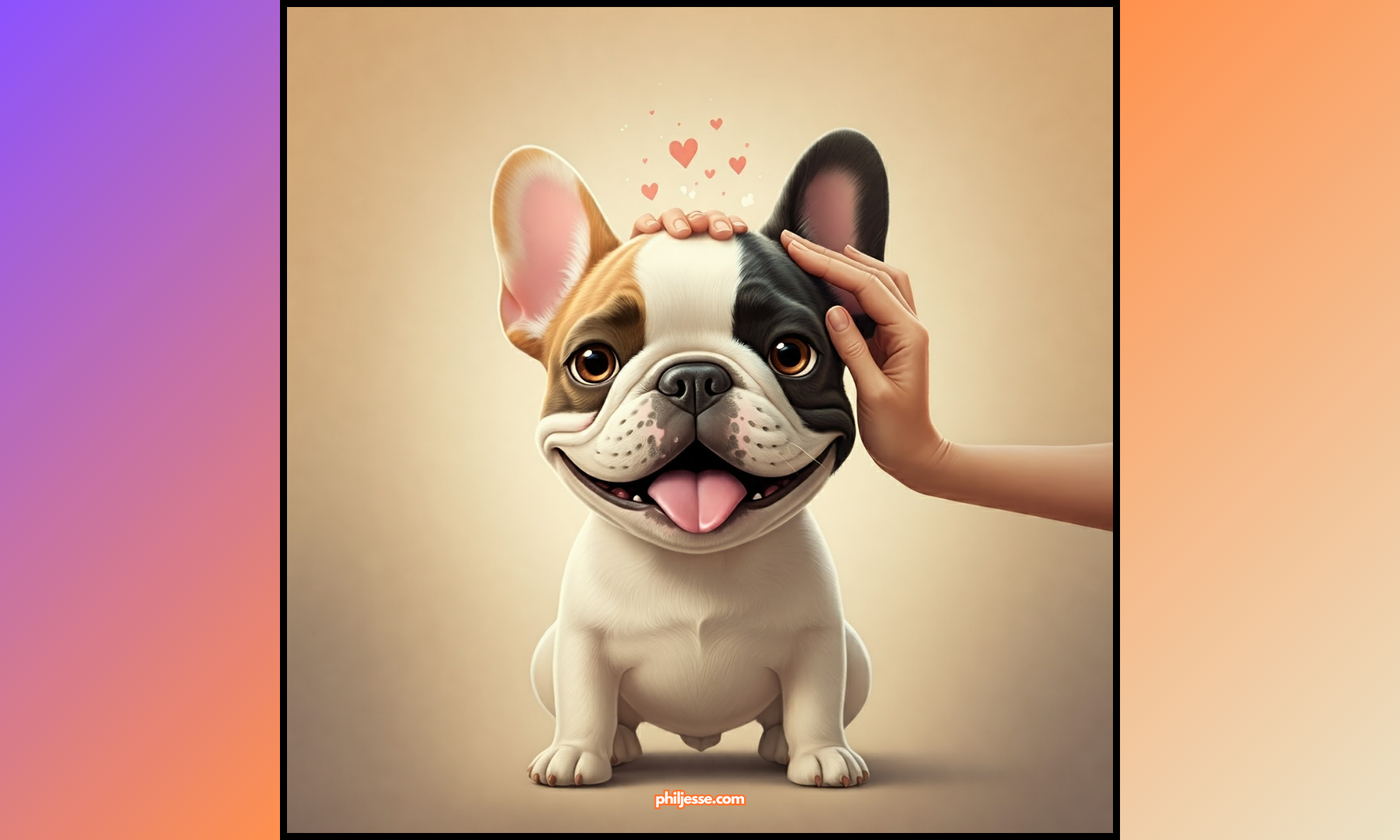 A vibrant cartoon French Bulldog, with large, expressive eyes and a contented smile, receives a gentle head massage. Swirls of colorful, abstract shapes and patterns surround the dog, representing the soothing and happy feelings of the mind massage.