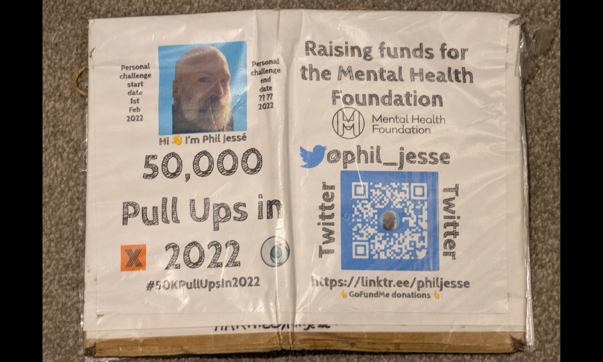 Amazon parcel packaging featuring details of Phil Jessé's 50,000 Pull-Up Challenge for charity fundraising.