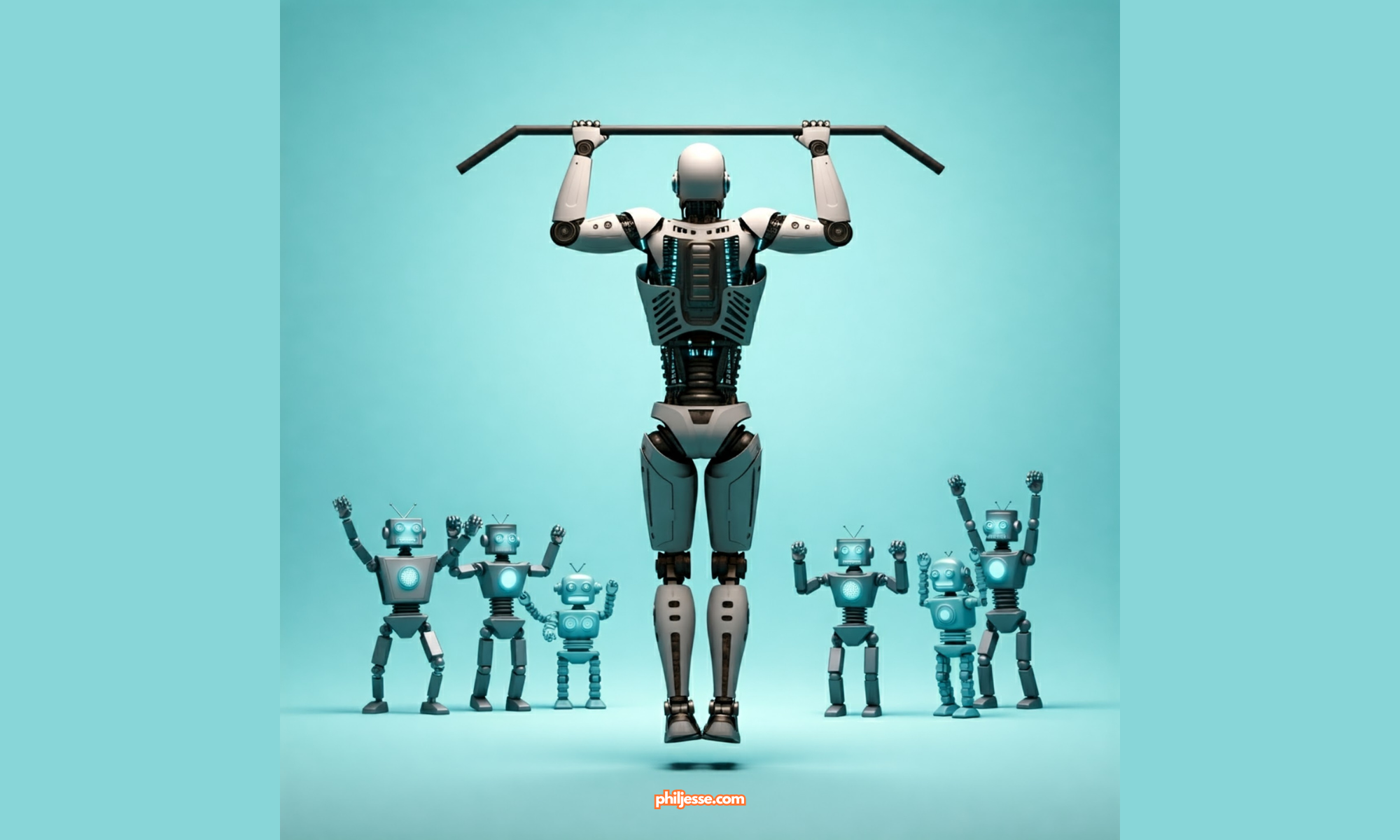 A futuristic illustration of a robot performing pull-ups in front of a cheering robot audience, symbolizing the future of the Pull-Up Club.