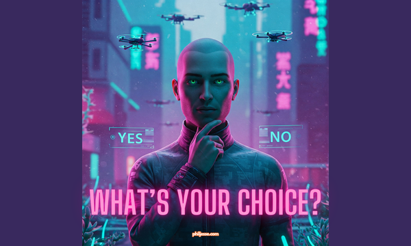 Futuristic character with green eyes contemplates "yes" or "no" in a vibrant cityscape.