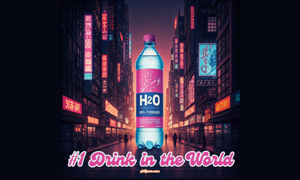 Manga-style image: Bottled H2O as the world's best drink in a futuristic city.