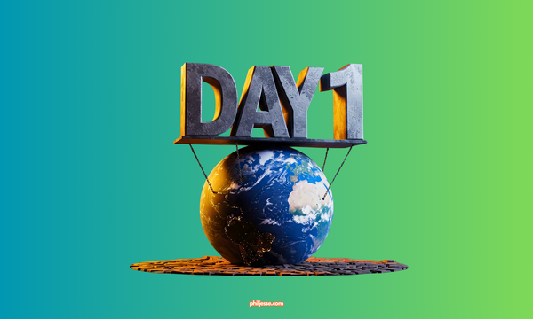 3D rendering of the words 'Day 1' holding up the world against a vibrant colourful background.