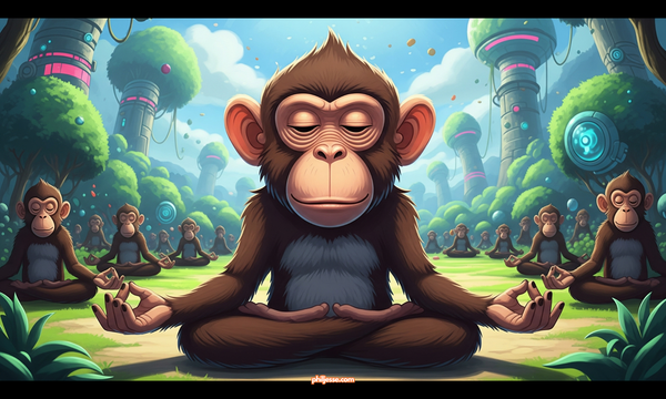 Anime art: Main monkey in close-up lotus position, looking wise & confident. Other monkeys meditate peacefully in lush, magical, futuristic greenery.